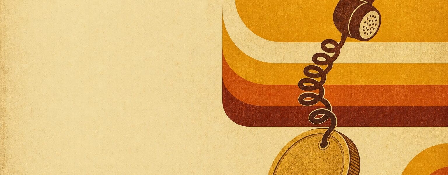 Vintage poster style illustration of a phone cord pulling down a coin, representing mobile phone haggling to cut your bill