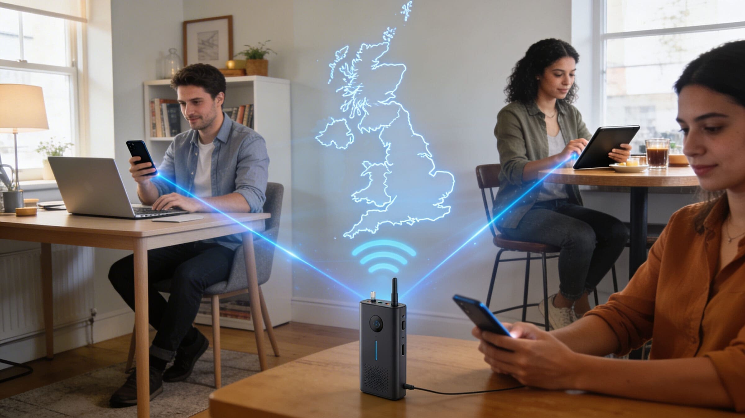 Remote teams checking a business mobile plans with UK network connectivity and shared wireless hotspot device