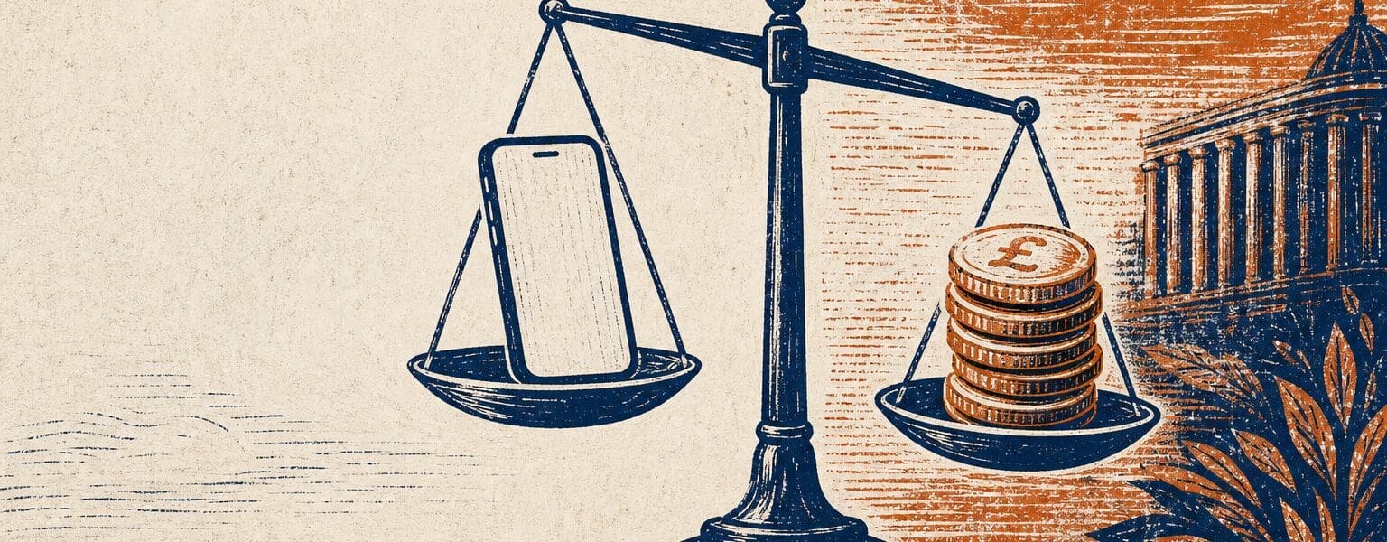 Woodcut print illustration of scales balancing a phone against coins, symbolising Ofcom's mobile price rise rules