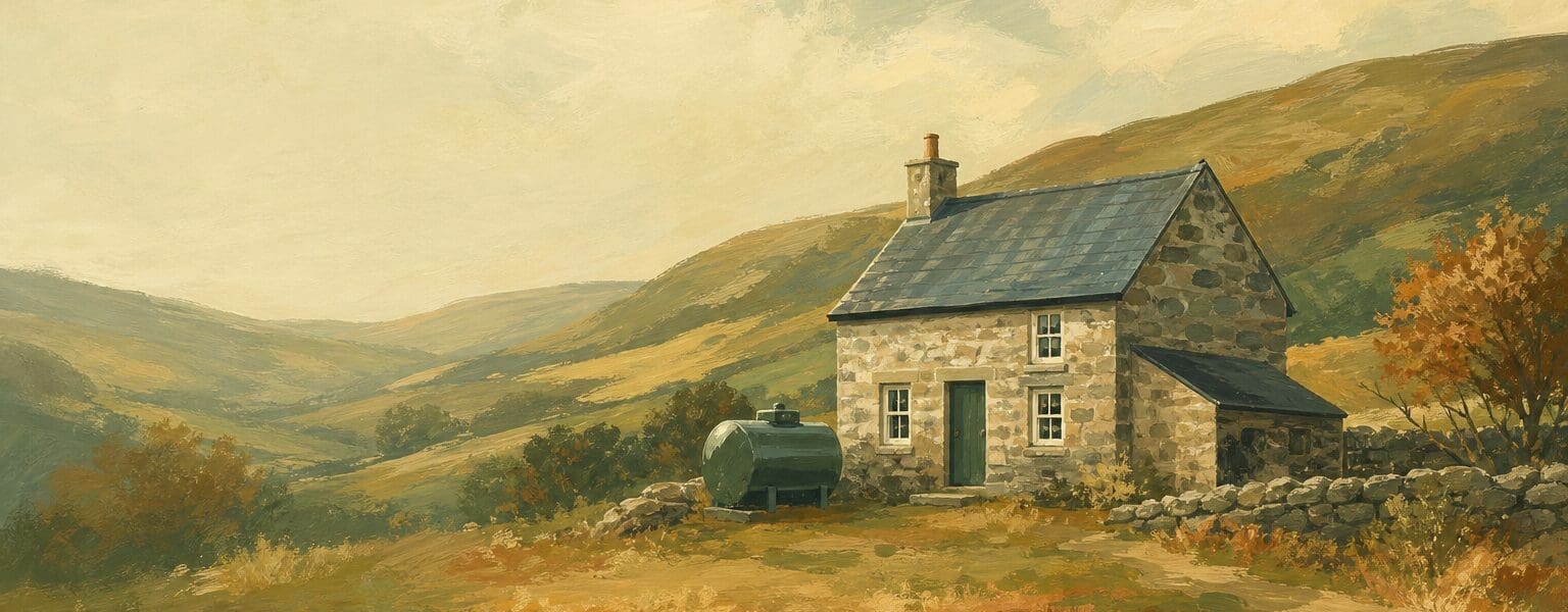 Rural cottage with an oil storage tank, illustrating off-grid heating costs for homes not covered by the energy price cap