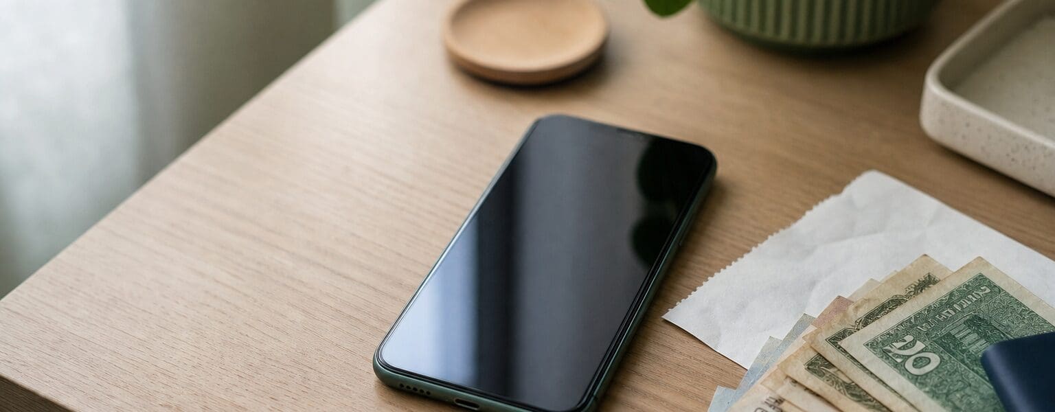 Phone finance rules 2026 illustrated by a smartphone and banknotes on a desk