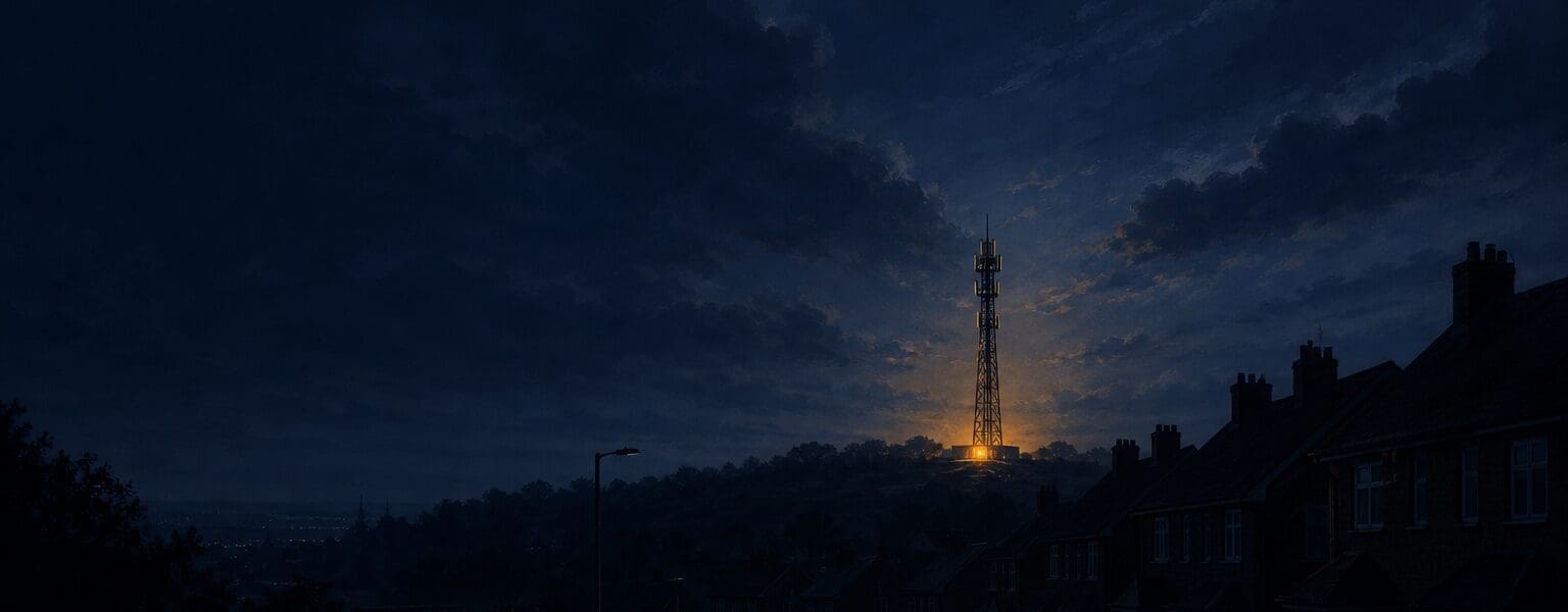 Mobile phone mast glowing with backup power during a night power cut, illustrating phone signal outages and network resilience
