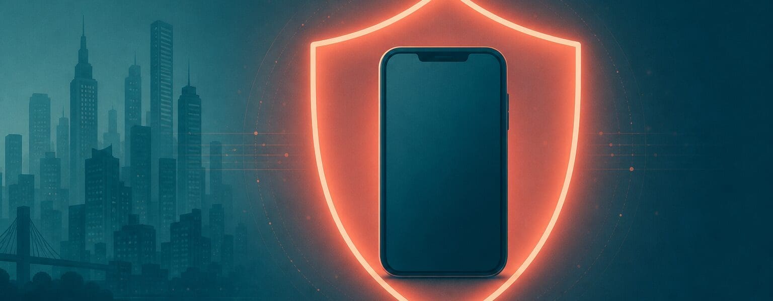 Bold illustration symbolising phone theft protection, showing a smartphone locked safely inside a glowing shield