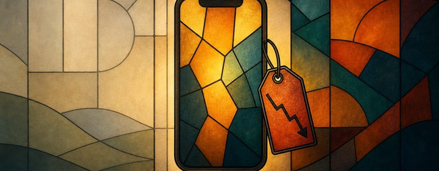 Stained-glass style illustration of a smartphone with a falling price tag, symbolising declining phone trade in value in the UK