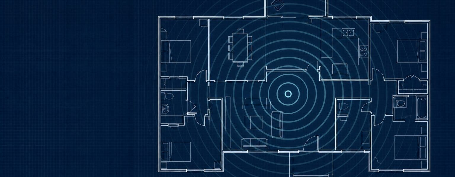 Blueprint style illustration of wifi signal spreading from a router showing ideal router placement