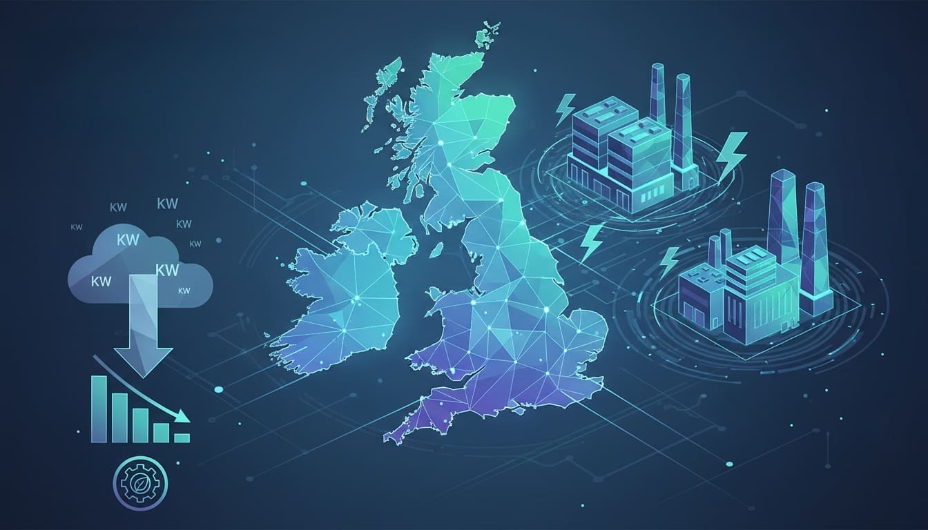 Digital map of the UK with factories and power icons representing industrial energy costs and usage trends.
