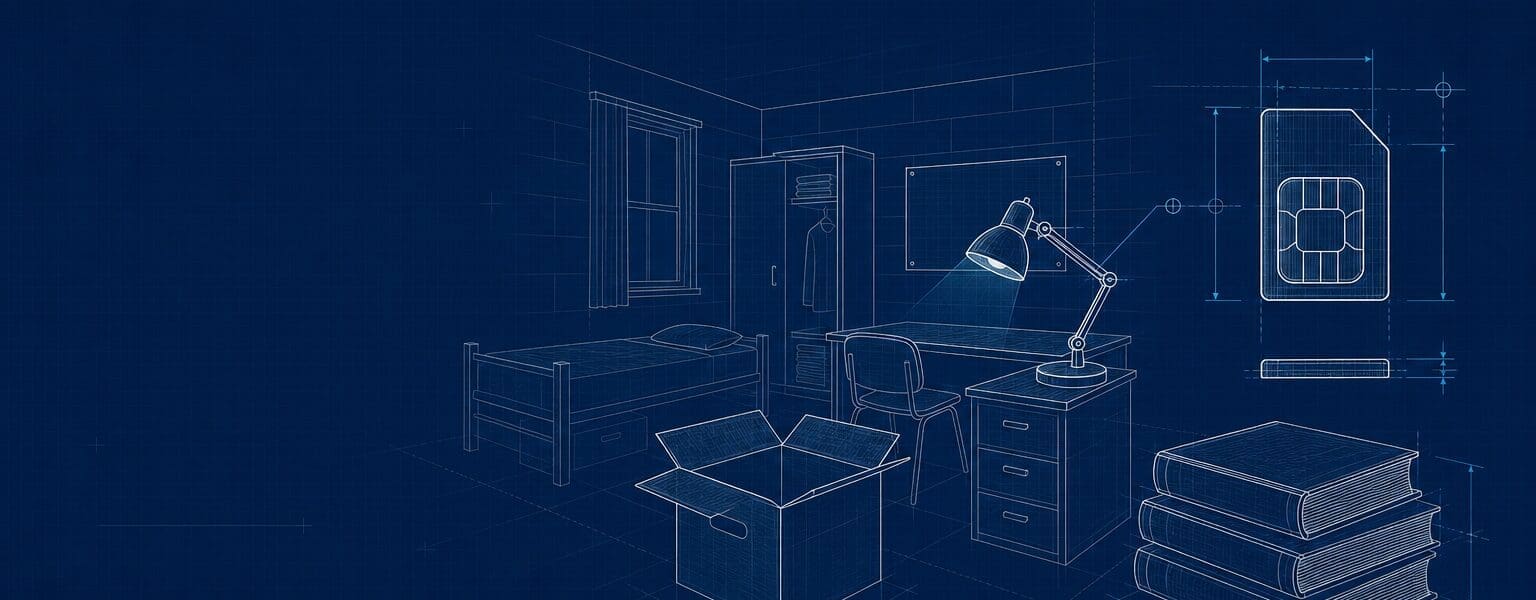 Blueprint-style illustration representing student sim deals for freshers setting up halls