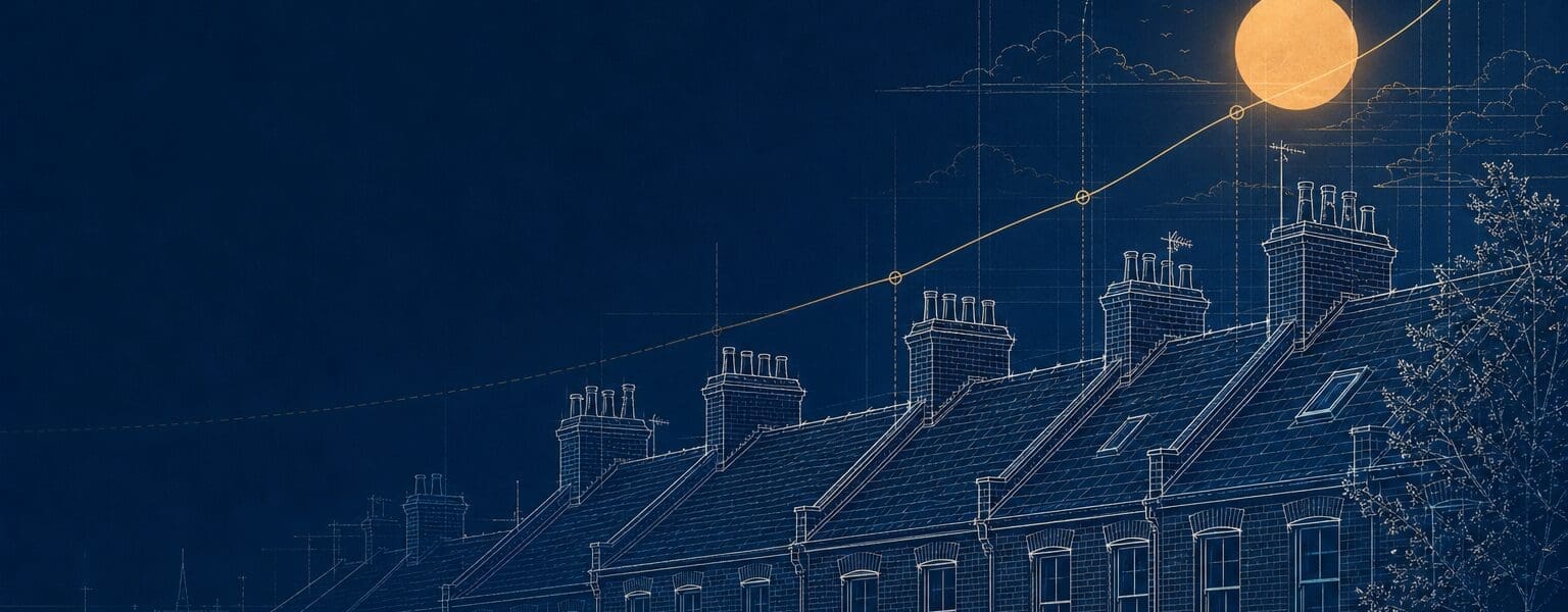 Blueprint-style illustration of a summer rooftop skyline representing the best time to switch energy supplier before autumn price changes