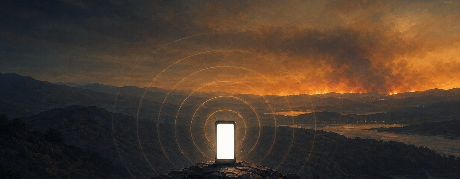 UK emergency alert system shown as a glowing phone screen sending alert waves against a hazy dusk sky