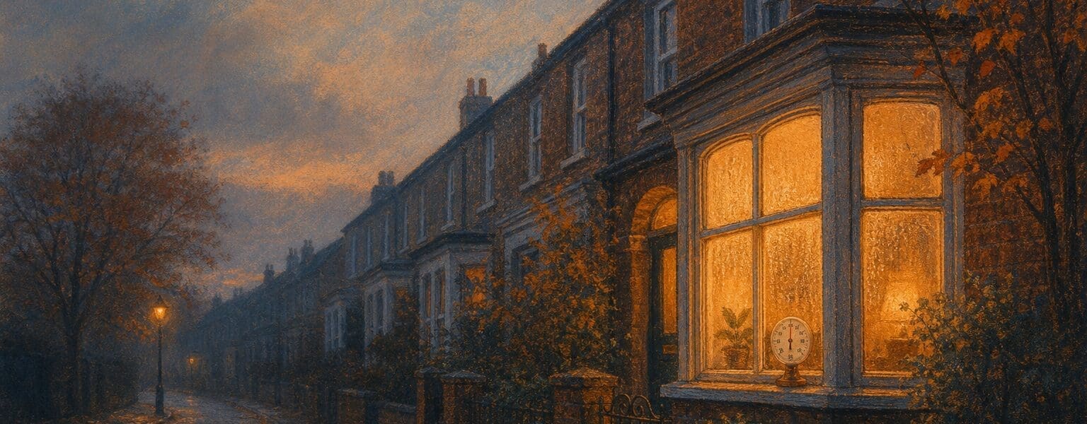 When to turn heating on this autumn in a UK home, glowing terraced house at dusk
