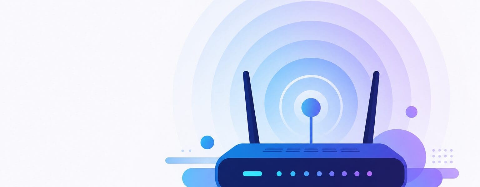 Illustration of a Wi-Fi 7 router radiating signal for a 2026 home network