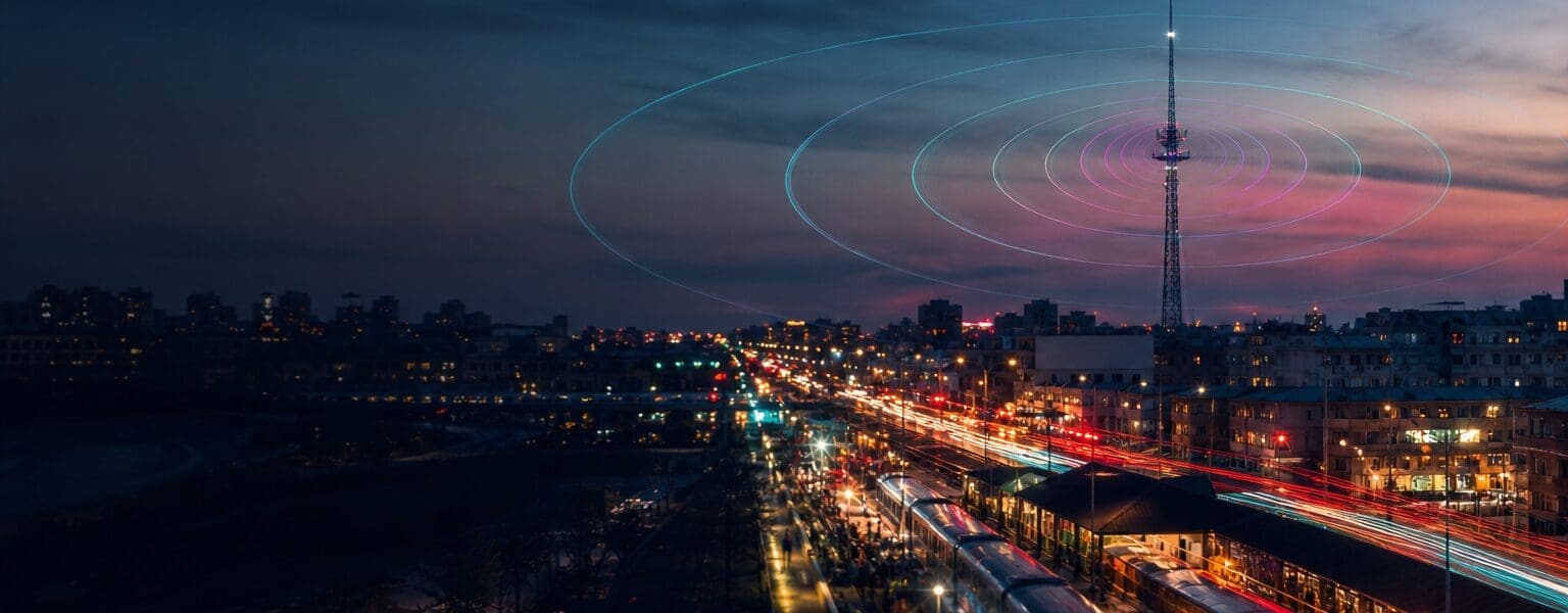 Dusk cityscape with glowing signal light trails representing 5G Standalone network coverage