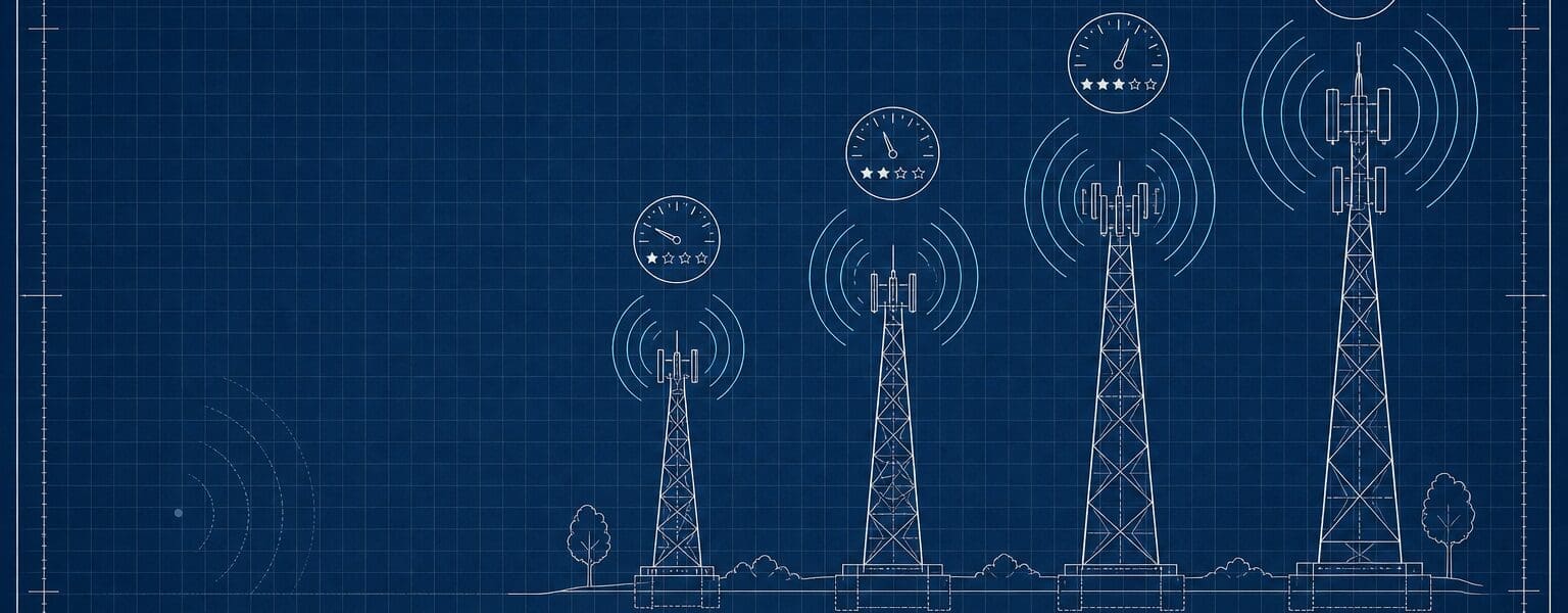 Blueprint schematic diagram comparing signal towers, illustrating the best mobile network in the UK for 2026