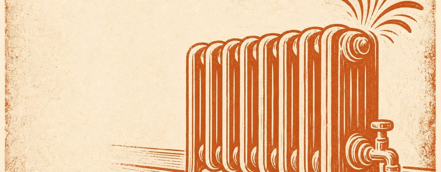 Illustration of how to bleed a radiator showing trapped air escaping from a radiator valve, linocut print style