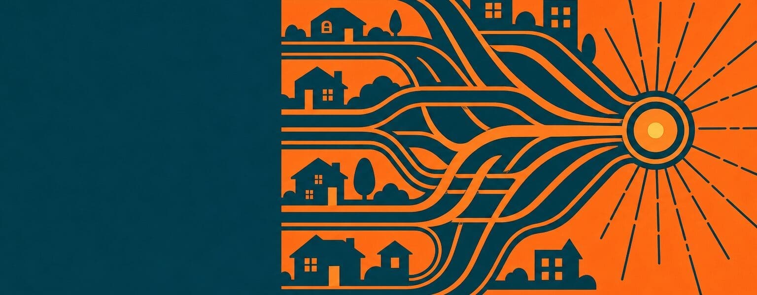 Abstract illustration of a contention ratio showing many home connections converging on one shared broadband line
