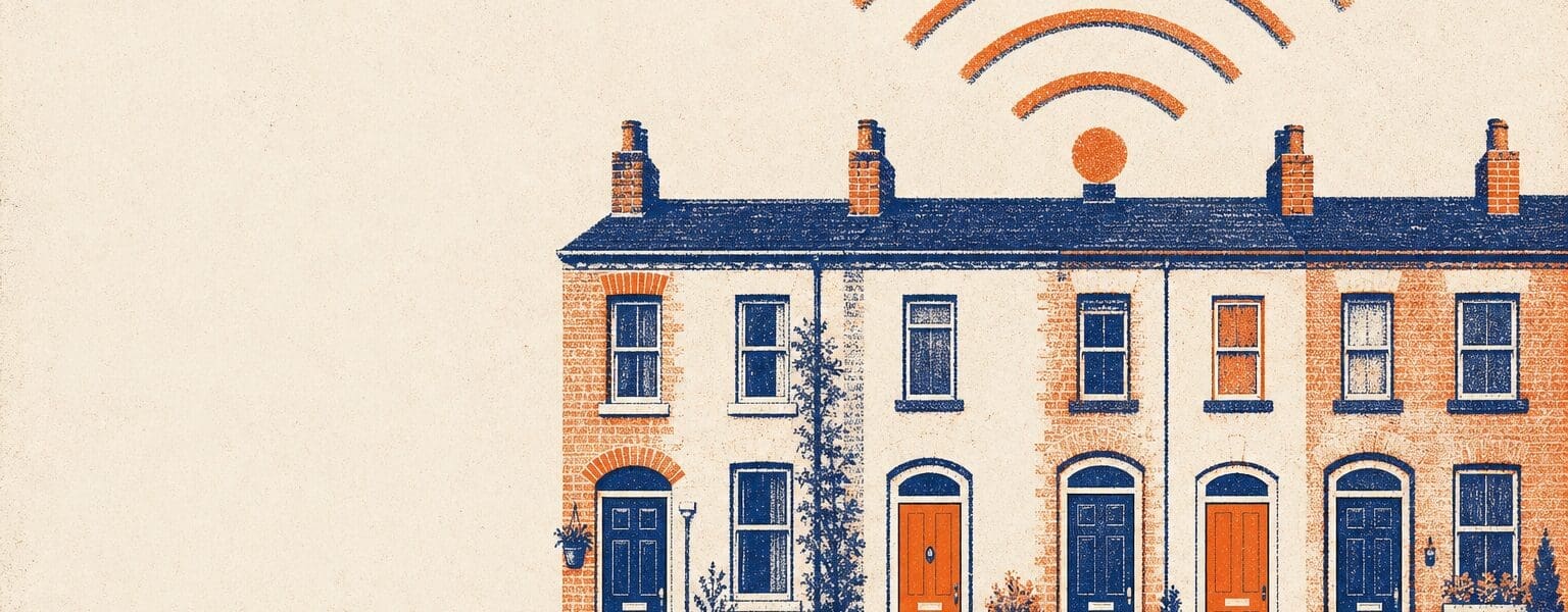 Illustration of a shared house with multiple doors connected by one wifi signal, representing broadband in a shared house