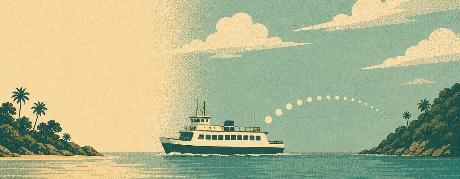 Travel poster style illustration of a ferry between islands, representing Channel Islands roaming