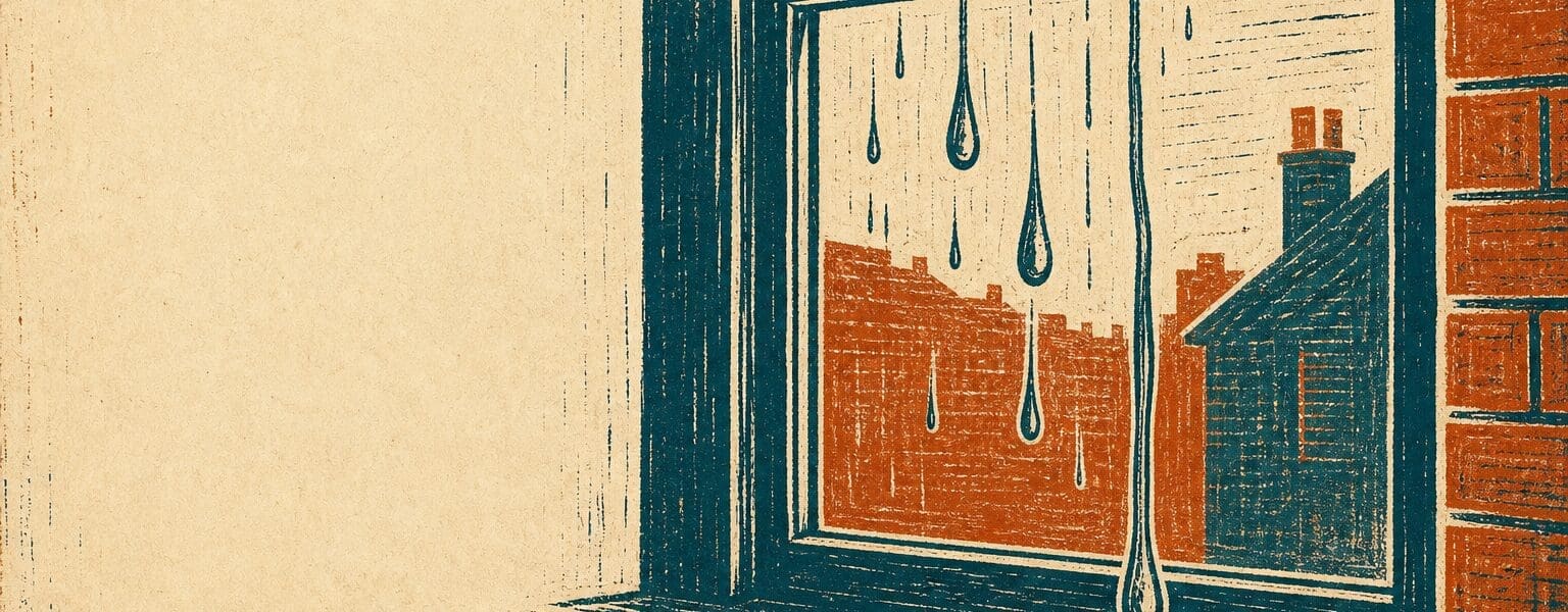 Linocut print illustration of condensation on a window turning into a coin, representing dehumidifier running cost