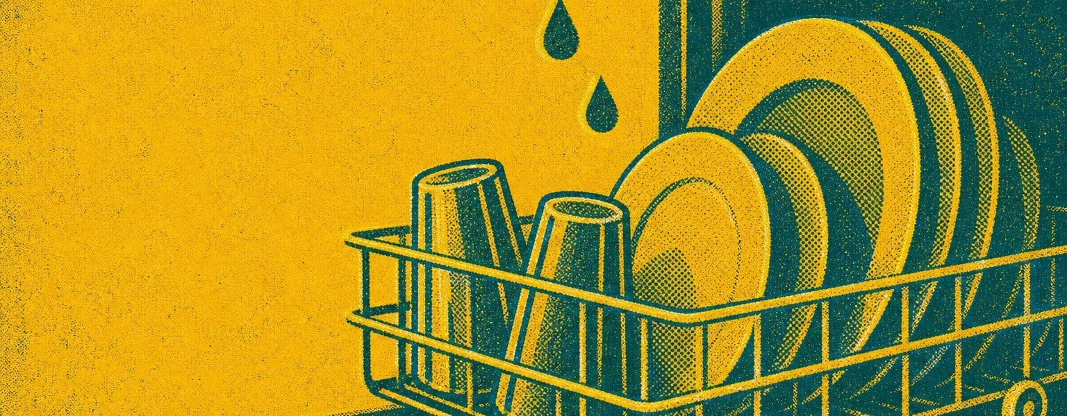 Retro illustration of a dishwasher rack with falling water droplets, symbolising dishwasher running cost