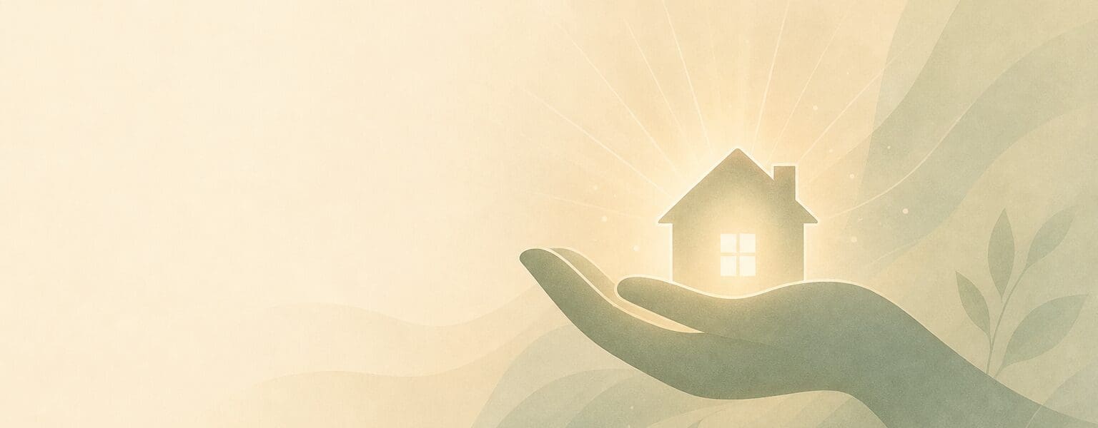 A gentle illustration of a hand cradling a glowing house icon, representing support for managing an energy account bereavement
