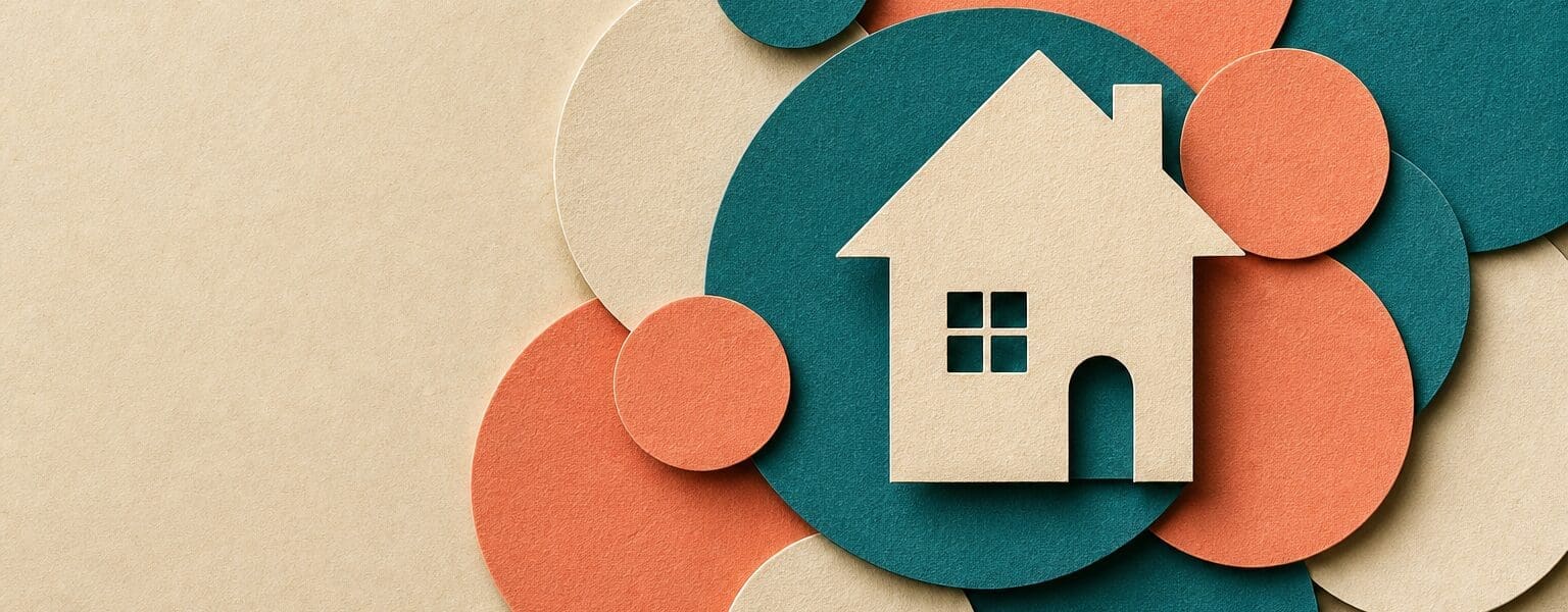 Illustration of overlapping paper discs forming a safety net beneath a house, representing the different energy bill schemes households can claim