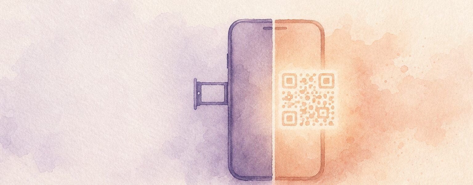Illustration of a smartphone split between a SIM and a digital eSIM profile