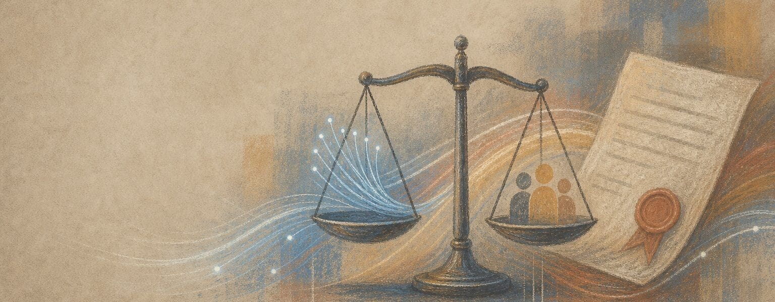 Chalk pastel illustration of scales and fibre light strands symbolising broadband fibre labelling rules