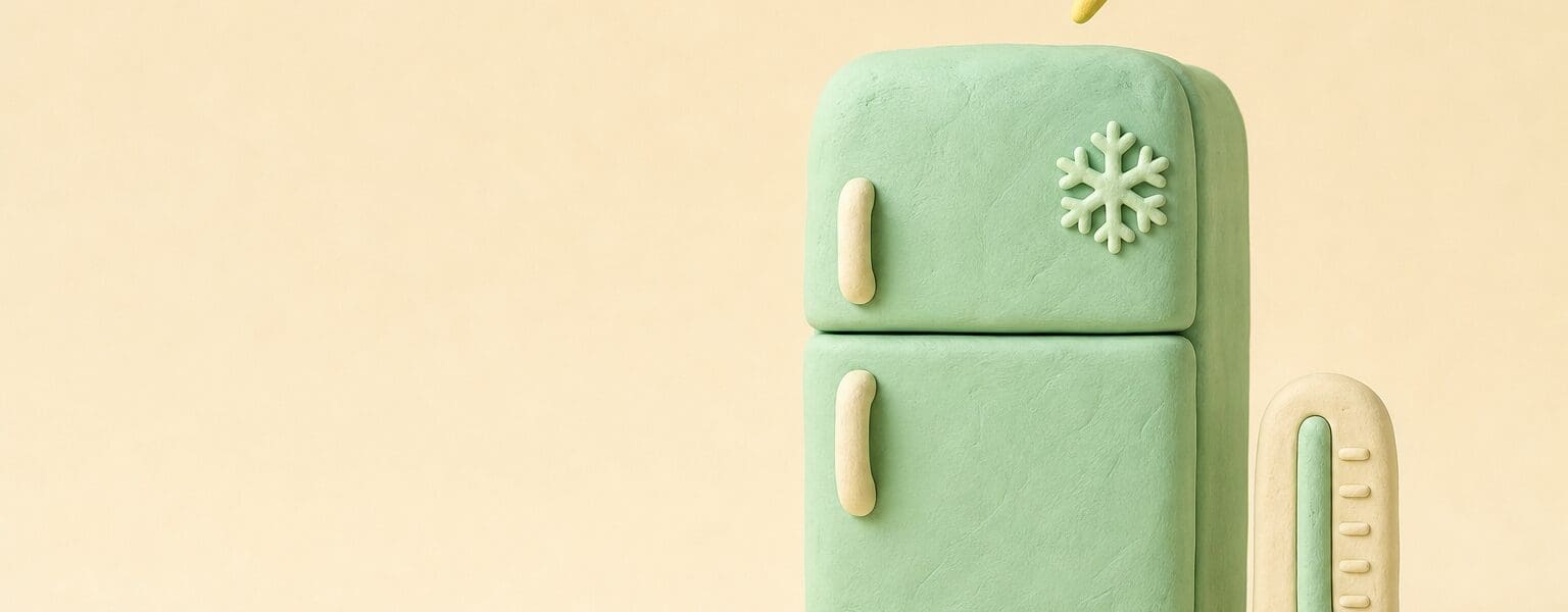 Clay style illustration of a mint fridge freezer cost theme with a snowflake and lightning bolt