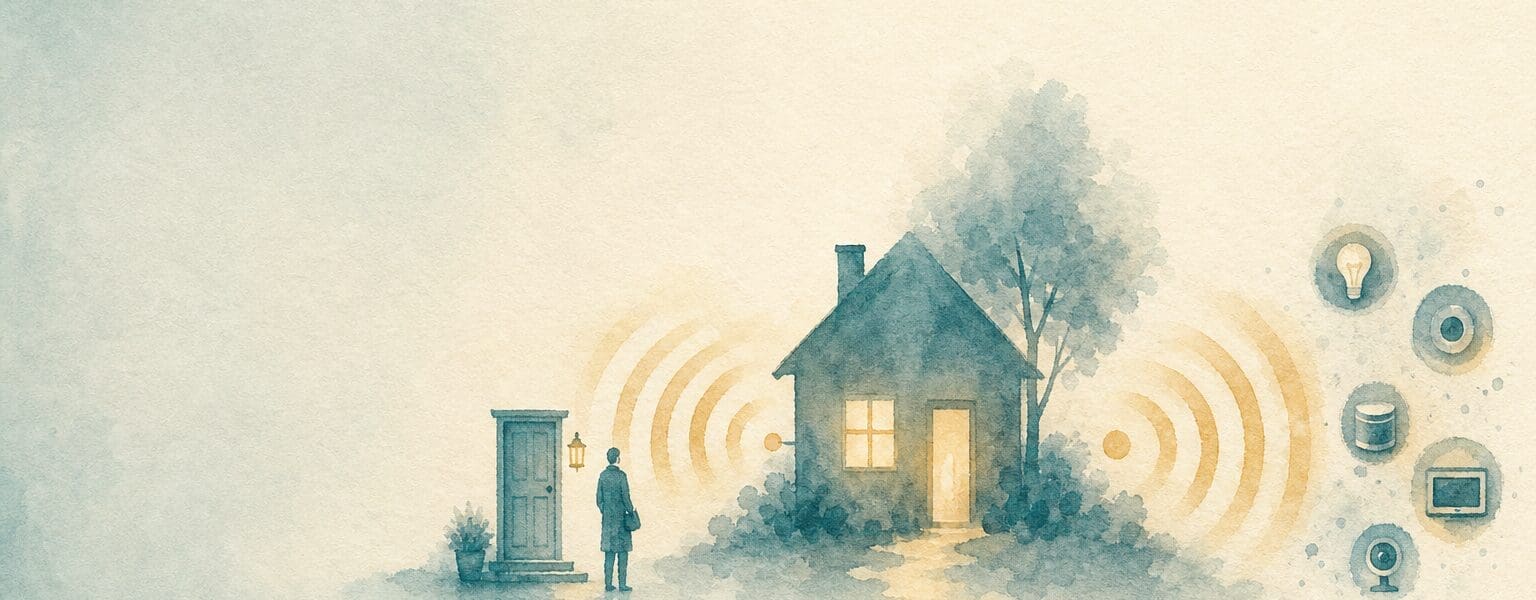 Watercolour illustration of two separate WiFi signals from a house, representing a guest WiFi network kept apart from the main network