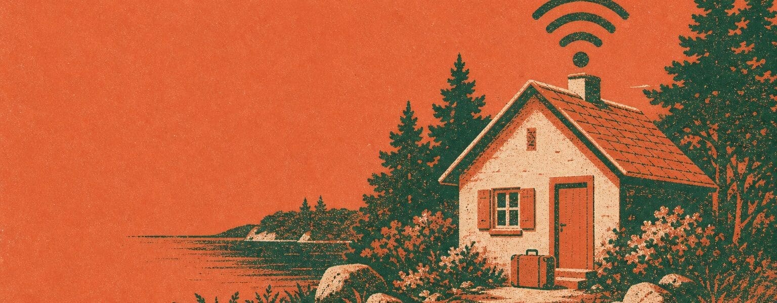 Illustration of a cottage with a wifi signal and a suitcase, representing holiday home broadband