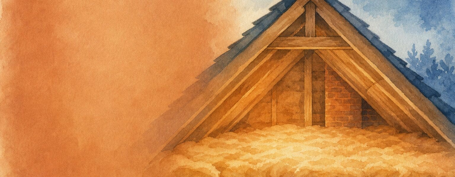 Illustration of a house roof cross-section showing a thick layer of loft insulation keeping warmth inside