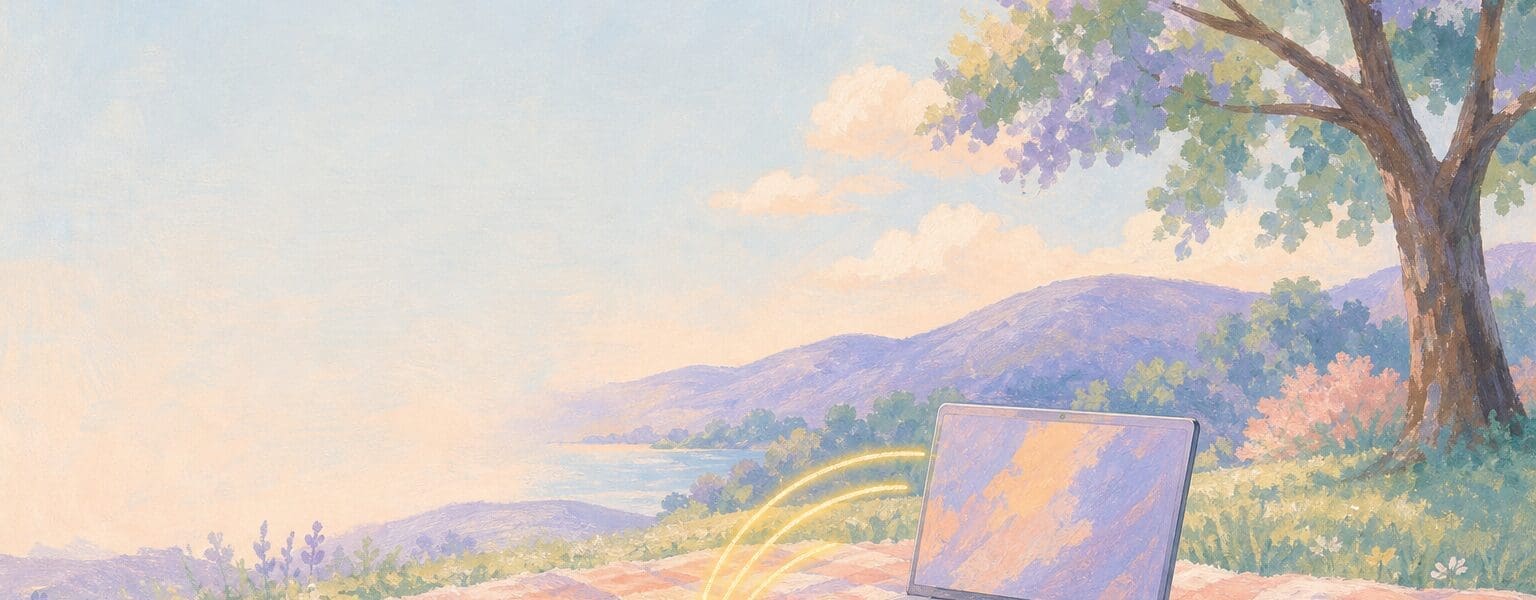 Illustration of a mobile hotspot linking a phone to a laptop on a picnic blanket