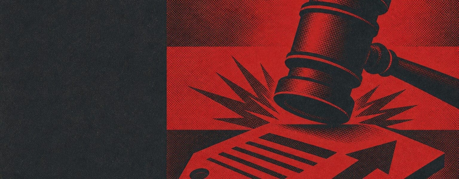 Illustration of a stamp coming down on a price tag, representing regulatory scrutiny of the O2 price rise