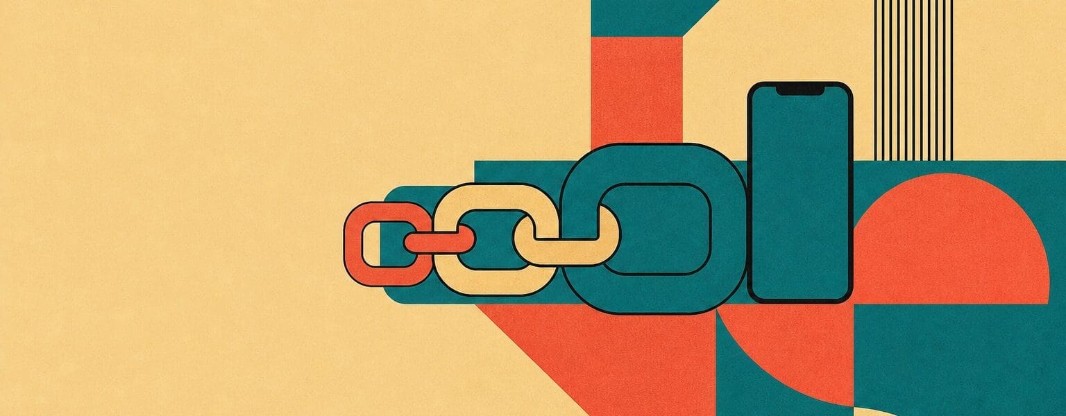 Geometric illustration of phone contract length shown as chain links beside a smartphone