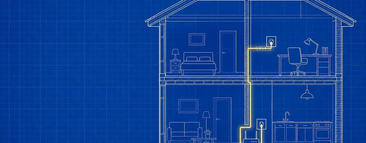 Blueprint line art of powerline adapters sending broadband through a house wiring