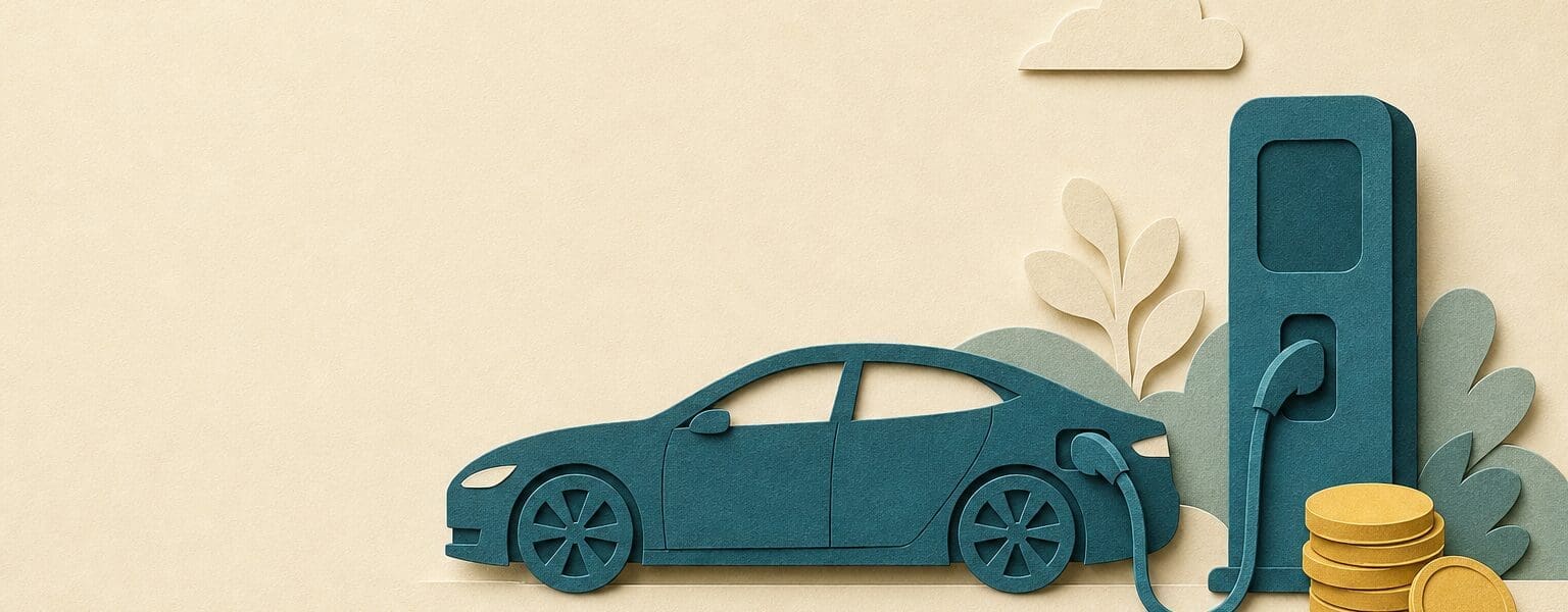Illustration of an electric car at a public charging pillar, representing public EV charging costs