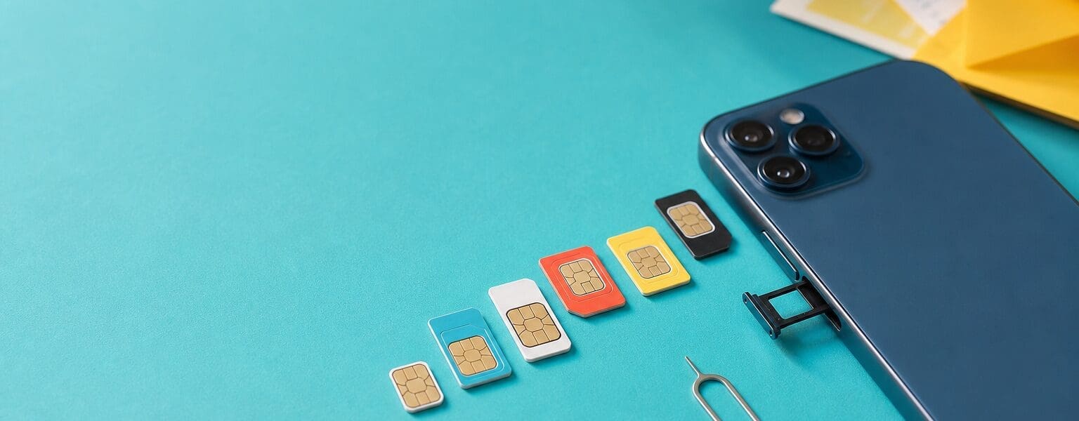 Bright overhead flatlay of SIM cards and a smartphone, illustrating a recycled mobile number passed from one owner to the next