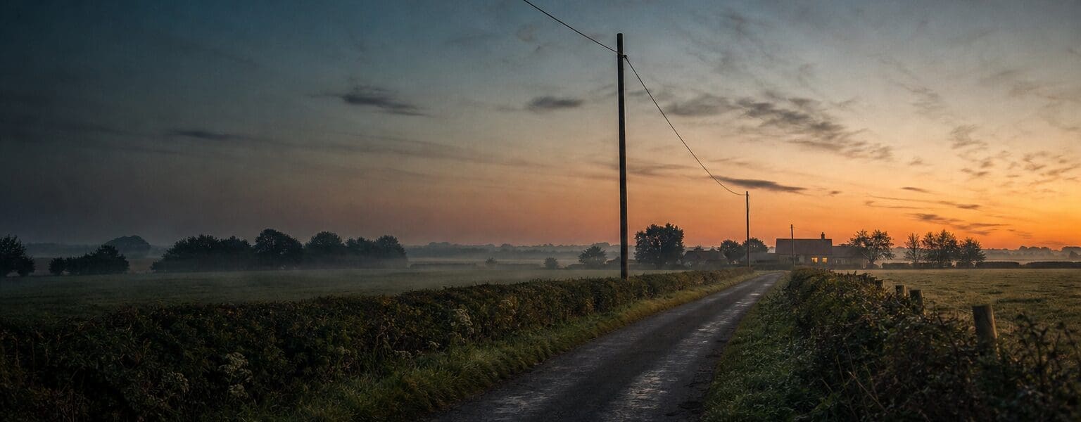 A rural country lane with telegraph cables leading to a distant farmhouse, illustrating rural broadband options