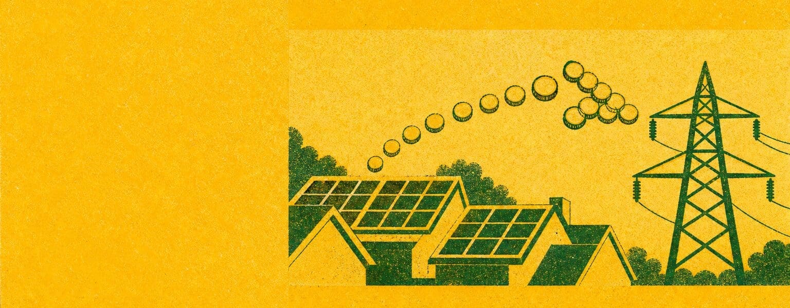Illustration of solar panels exporting power, representing SEG rates paid for exported solar energy