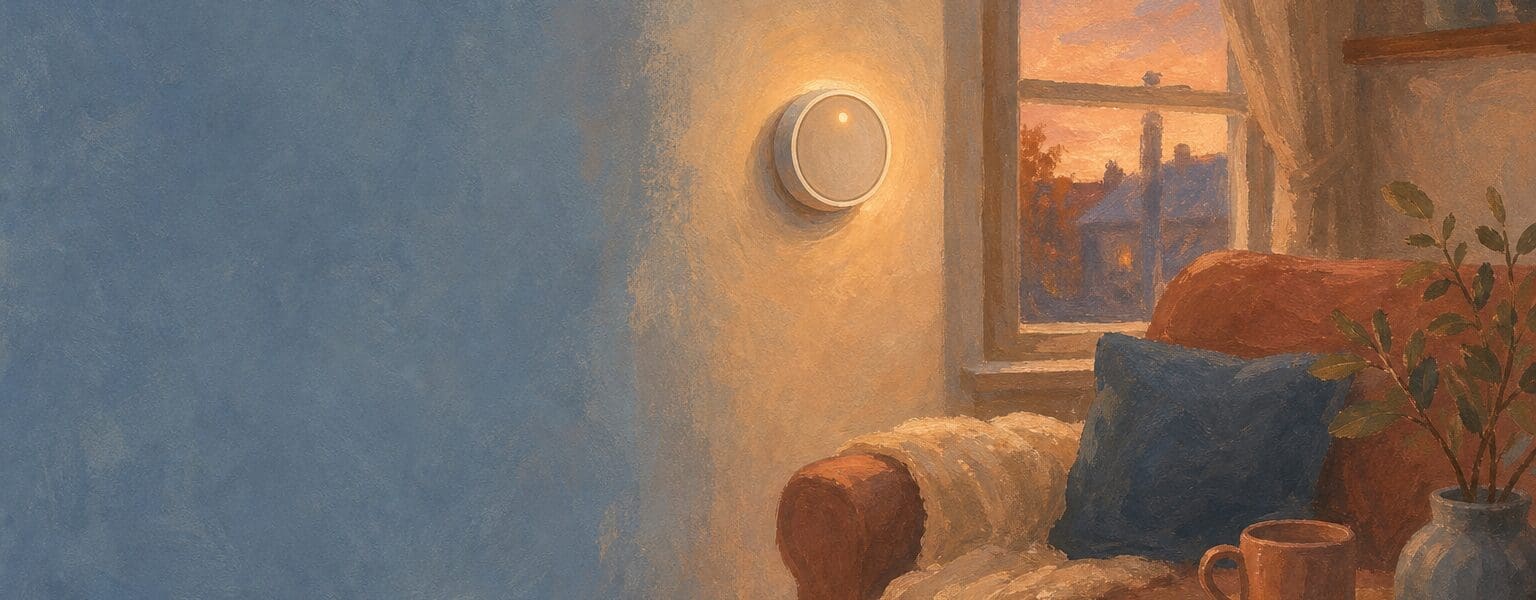 Gouache painting of a cosy room with a glowing wall thermostat, representing smart thermostat savings