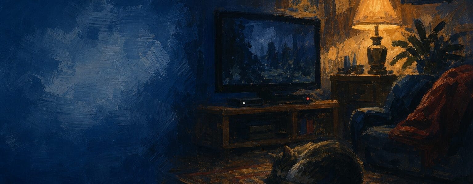 A dimly lit living room at night showing gadgets left on standby power