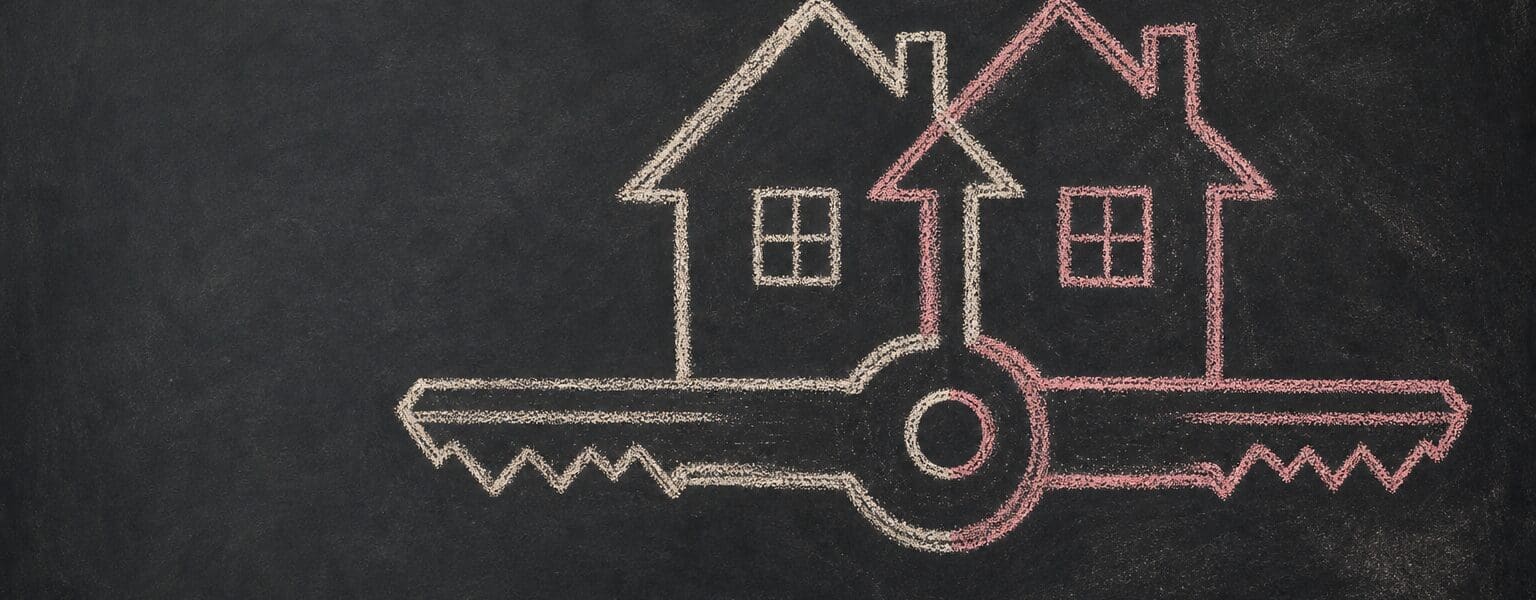 Chalkboard sketch of two overlapping key shapes merging into one, representing two broadband contracts becoming one