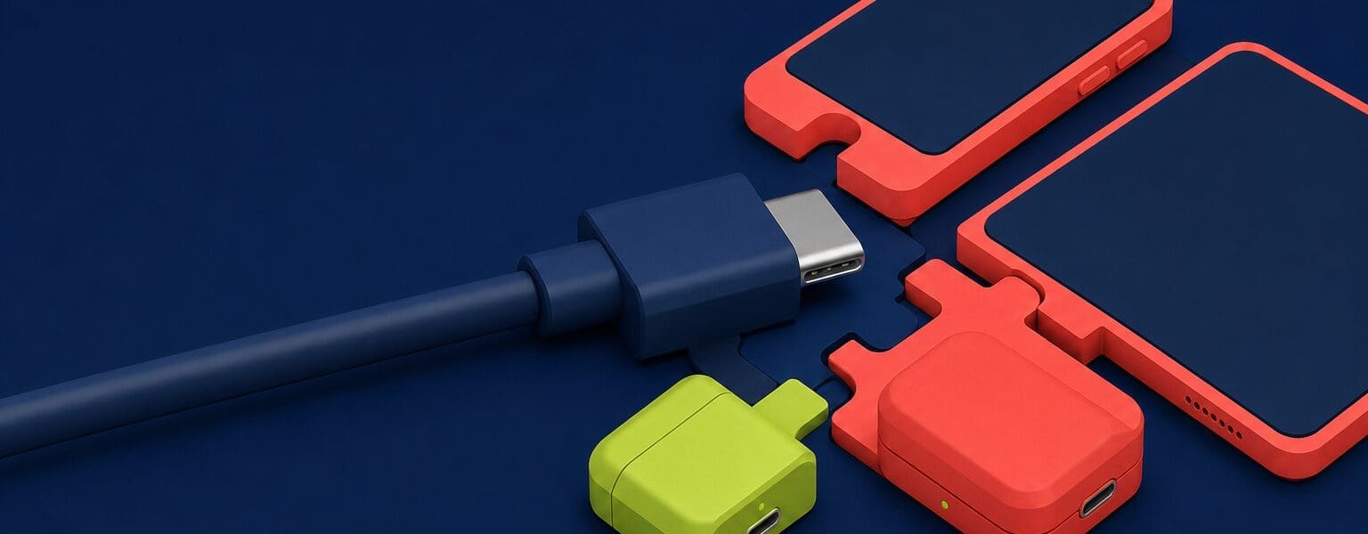 Isometric illustration of a USB-C cable connecting multiple devices, representing the USB-C charger rule