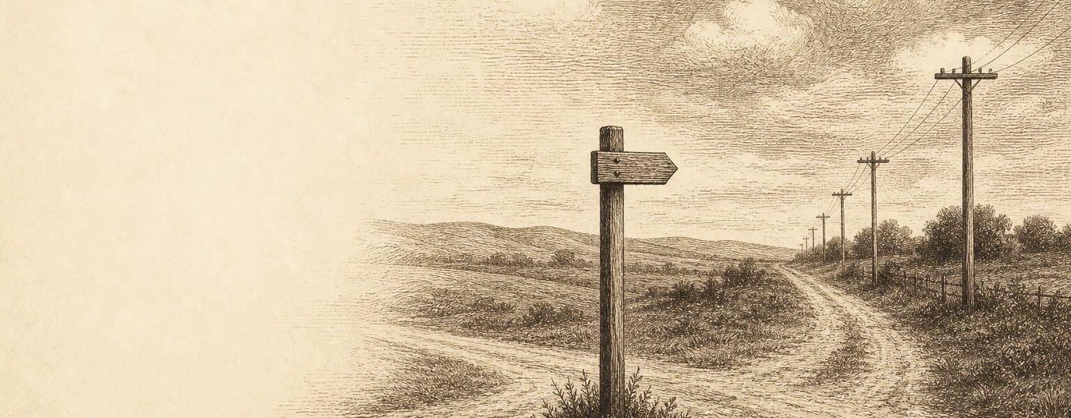 Vintage engraving of a rural signpost representing the USO broadband right for hard-to-reach premises