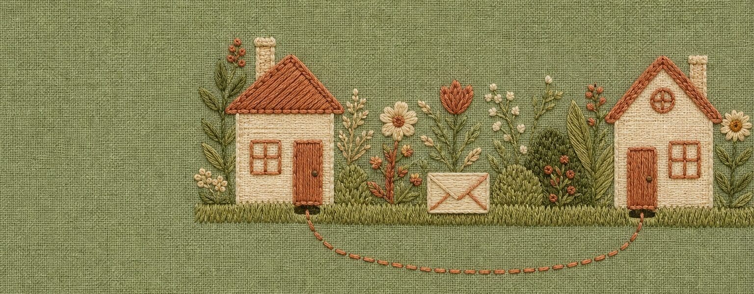 Illustration of a cable crossing a garden between two houses, representing a wayleave agreement for broadband