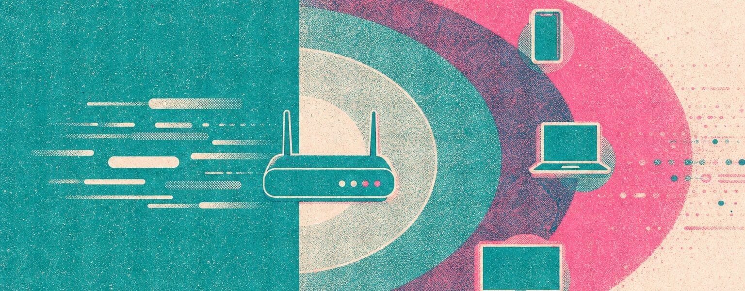 Illustration of a router broadcasting multiple overlapping WiFi 7 signal bands to several devices