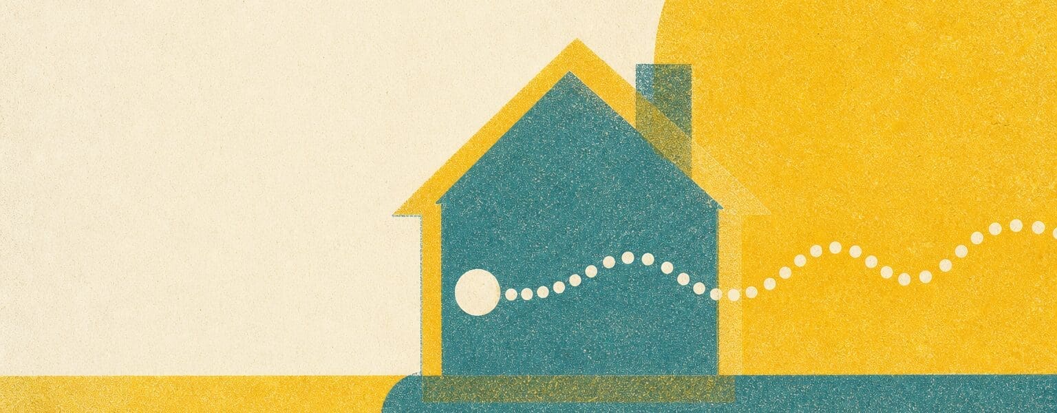 WiFi calling illustrated as a call travelling from a house over a dotted wave line, risograph print style