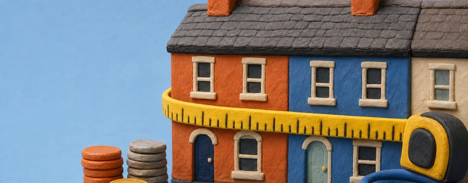 Clay model house wrapped in a tape measure illustrating broadband cost