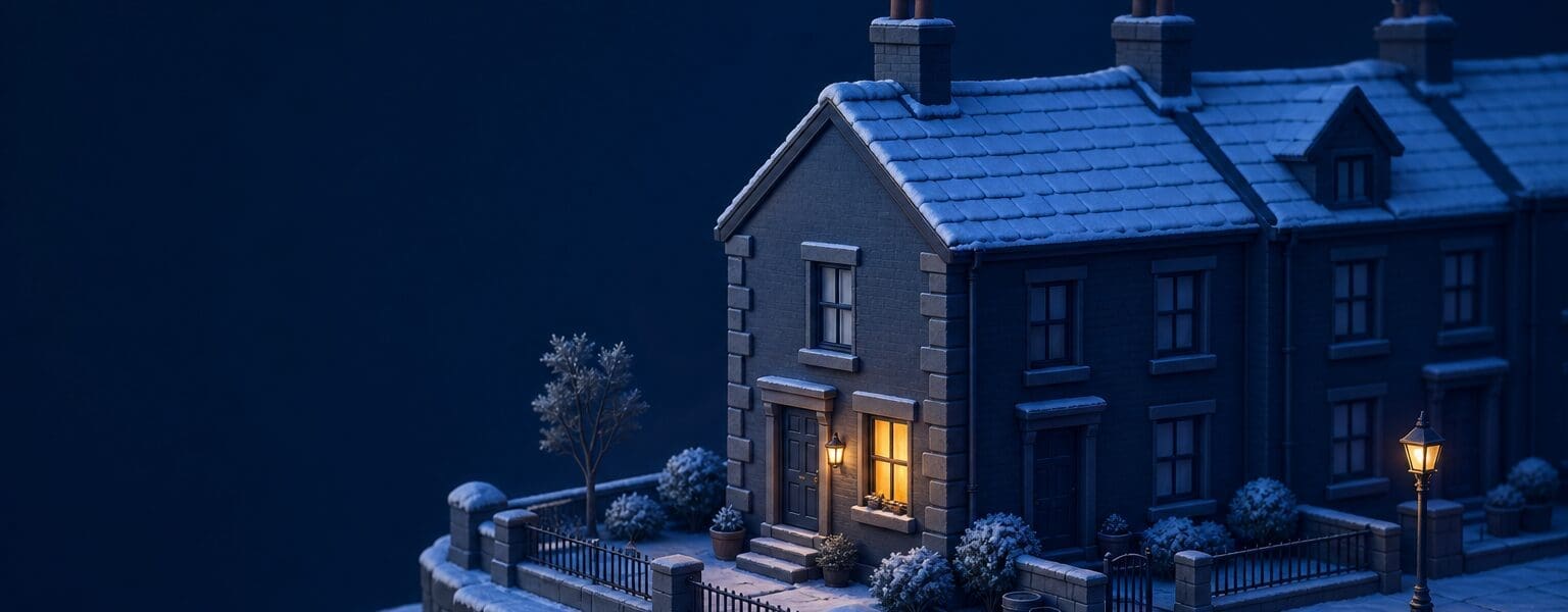 Cosy house with a warm lit window on a snowy winter evening, illustrating energy disconnection protections