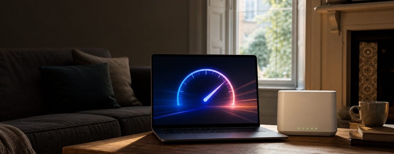 Laptop running a broadband speed test next to a fibre router in a UK living room